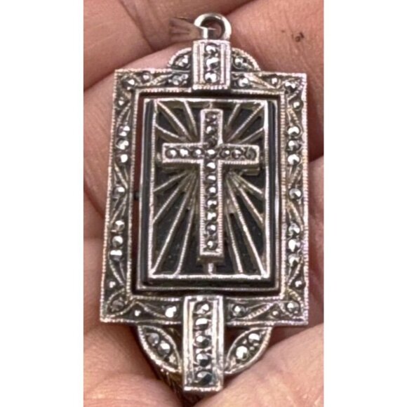 Art Deco Sterling Silver Marcasite Reversible Pendant Cross Floral Signed - Picture 1 of 9